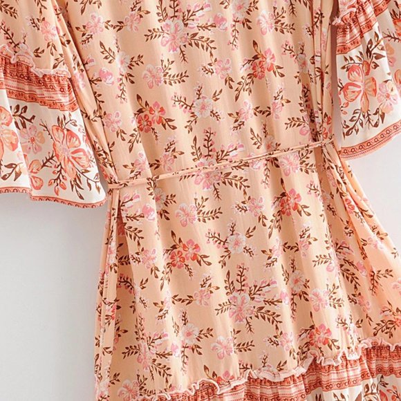 Boho Pink Cherry Blossom Flower Print Mini Dress - Picture 14 of 16